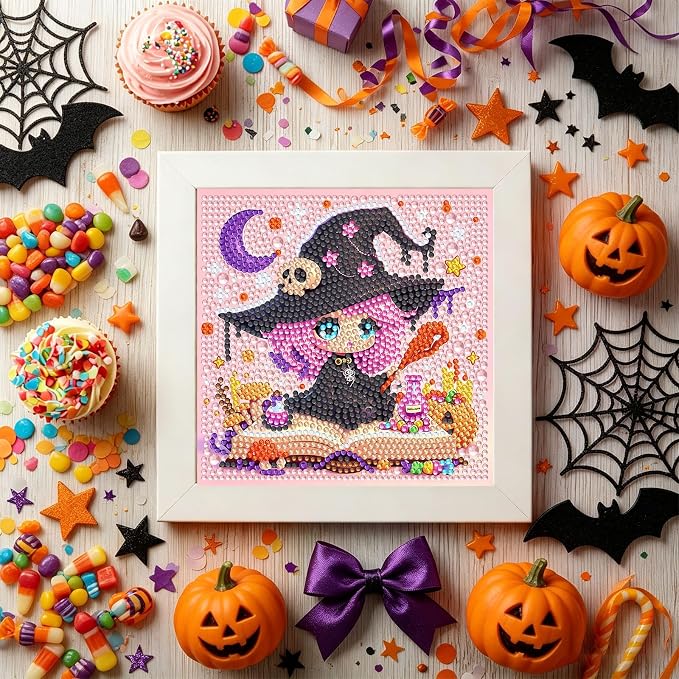 Gemozaic Halloween Diamond Art Kit for Kids Ages 6-8-12 with Frame, 7x7 in | Cute Witch Diamond Art for Kids 10 Year Old, DIY Big Gem Arts and Crafts for Boys and Girls Birthday Gift, Home Wall Decor