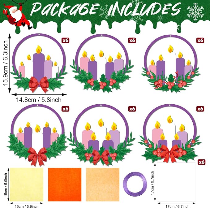 Qyeahkj 36 Set Christmas Advent Wreath Suncatchers Crafts for DIY Advent Candle Tissue Paper Craft Kit Hanging Decor for Xmas Holiday Home Activity Art Project Birthday Party Favor Gift