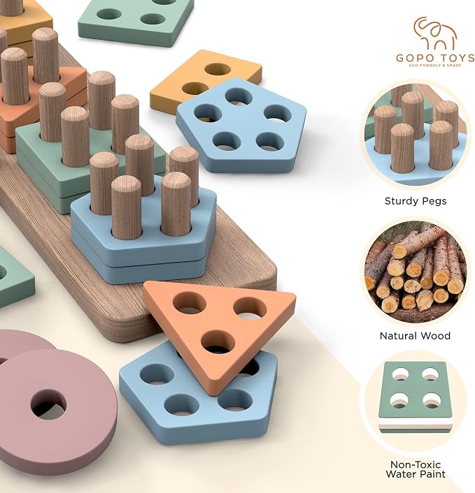 GOPO TOYS Montessori Toys for 1+ Year Old – Wooden Shape Sorter & Stacking Puzzle – Toddler Learning, Fine Motor Skills & Developmental Toy for Boys & Girls