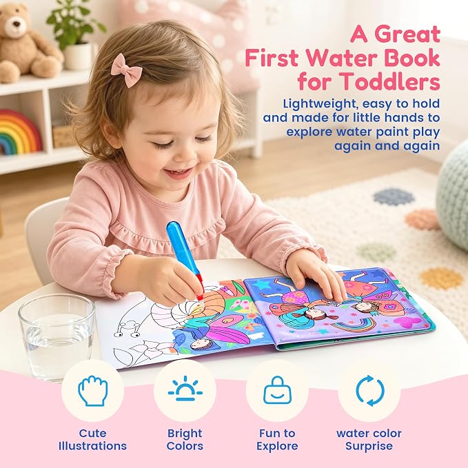 JoyCat Paint with Water Coloring Book for Toddlers, Reusable (Fairy) | Water Coloring Books with Water Pens, No Mess Travel Toy for Kids to Develop Creativity,Educational Learning Kits Gifts