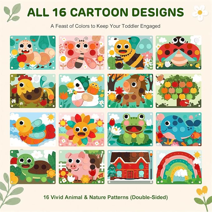 Montessori Wooden Button Art Learning Toy for Toddlers 1 2 3+ Year Old | Color Matching Board with 16 Animal Pattern Cards & 30 Wood Pegs, Educational Fine Motor Skills Activity for Preschool Kids