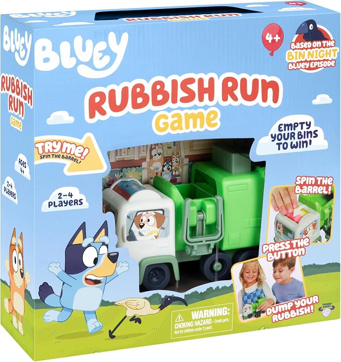 Bluey Rubbish Run Game - Family Board Game, Ages 4 Toys | Preschool board games with spinning barrel, dump lever, and surprise truck spill action