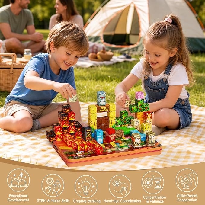 burgkidz Dinosaur Volcano Magnetic Blocks: 675g Portable Tin Case, N32 Strong Magnets, 4-Scene Storybook – Quiet STEM Travel Toy for Road Trip & Airplane, 100 PCS Building Set, Gift for Kids Ages 3-8