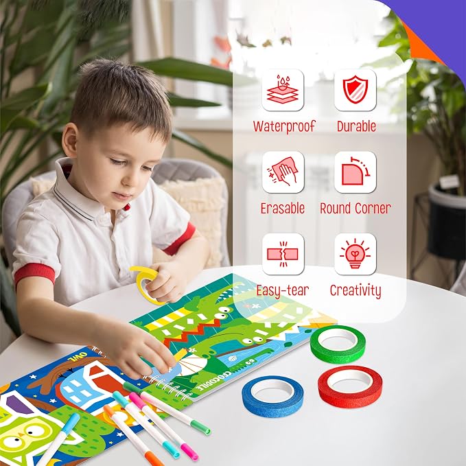 SpriteGru Tape Activity Book, 30 Dry Erase Scenes and 4 Colorful Tapes, Reusable & Erasable Pages and Easy-Tear Tapes, Fun and Creative Animal Theme Game Pad for Road Trip, Travel, At Home