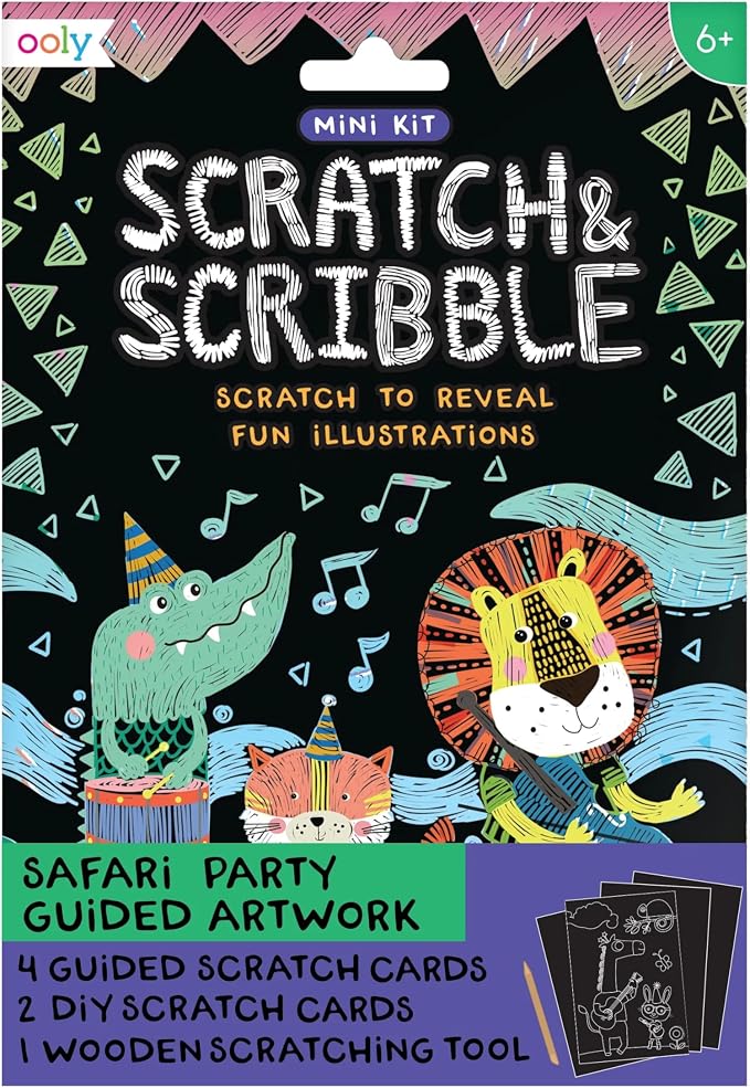 Ooly Mini Scratch & Scribble Art Kit, 6 Cards – Safari Party | Ages 6+, Wooden Stylus Included, Compact Car and Airplane Travel Activity, Screen-Free Craft, Fun Gift for Kids