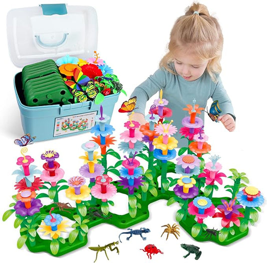 Birthday Toys Gifts for 2 3 4 5 6 Years Old Toddler Girls Boys, 156 PCS Insect Flower Garden Building Educational STEM Learning Pretend Play Gardening Set, Birthday Gifts for Preschool Kids Age 2+