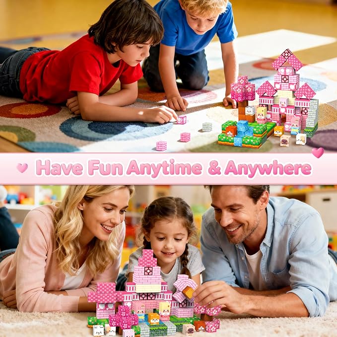 Magnetic Building Blocks STEM Toy Magnet Cubes for Kids 4-12 | Magnetic Cubes, 0.8 inches Building Blocks, Christmas Birthday Gifts for Kids Boys Girls Pink Castle-150pcs