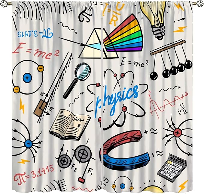 Science Physics Window Curtains, Abstract Math Chemistry Curtain Scientist Graffiti Print Window Treatments for Kids Teens Bedroom Living Room Set 2 Panels,55x63 Inches