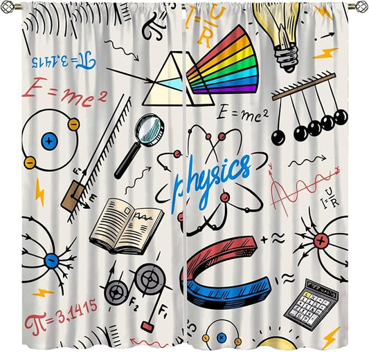 Science Physics Window Curtains, Abstract Math Chemistry Curtain Scientist Graffiti Print Window Treatments for Kids Teens Bedroom Living Room Set 2 Panels,42x63 Inches