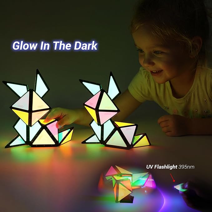 TOSY Magnet Pyramid Glow - 1 Cube Transforms into 1 Billion Shapes, 12 Pieces, 243 Rare Earth Magnets, Glowing, Holographic Design Magnet Tiles Creative Puzzle STEM/STEAM Toy