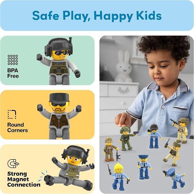 Picasso Toys Magnetic Action Figures Character Law Enforcement for Construction Building Block Tiles Toy Set Magnet Expansion Variety Pack Educational STEM Learning Kit Pretend Playset PTA12