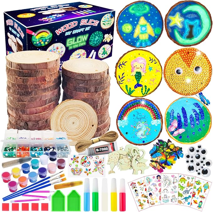 KIRKOTOY Wooden Painting Crafts Kit for Kids with Glow in The Dark | 24 Wood Slices, Arts and Crafts for Kids Ages 6-12, Party Activities Paint Kits, Creative Birthday Gifts for Boys Girls
