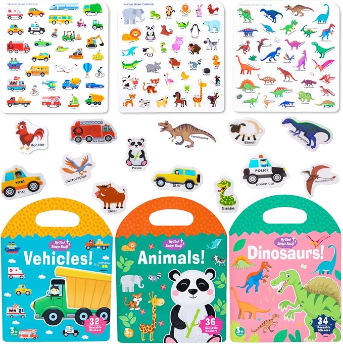Jelly Reusable Sticker Books, Portable Travel Toys Sticker Activity Book for Kids 3+ Year Old Girls Boys, Animal Dinosaur Vehicle Car