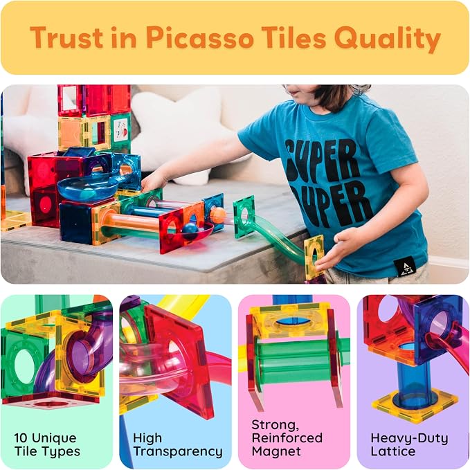PicassoTiles 70 Piece Marble Run Magnetic Tiles Race Track STEM Ages 3+ | 8 quarter-round turns, 10 long slides, 4 U-turns, 2 funnels & 2 slopes, 4 weighted balls, BPA-free, fine motor & spatial play