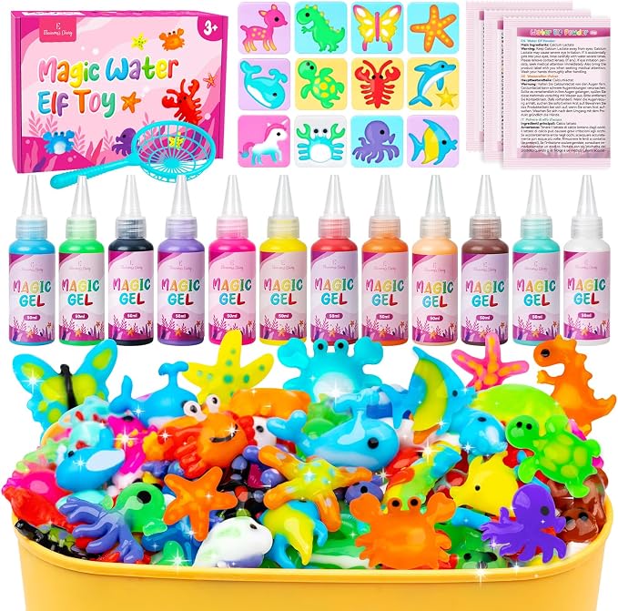 Magic Elf Toy, Aqua Fairy Water Gel Kit for Kids, Summer Party Favors Gifts | 12 Gels & 12 Molds - Water Pets Sensory Craft Kit - DIY Squishy Maker Set - Gifts for Boys & Girls Birthday Family School
