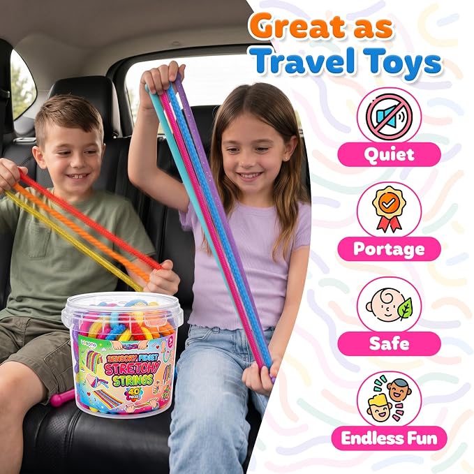 Fidget Sensory Toys for Kids, 40 Pack Textured Sensory Stretchy Noodles, Calm Down Stress Toys for Autism ADHD, Quiet Fidgets for Classroom Prizes, Party Favor Gifts, Travel Toys, Adults Desk Fidgets
