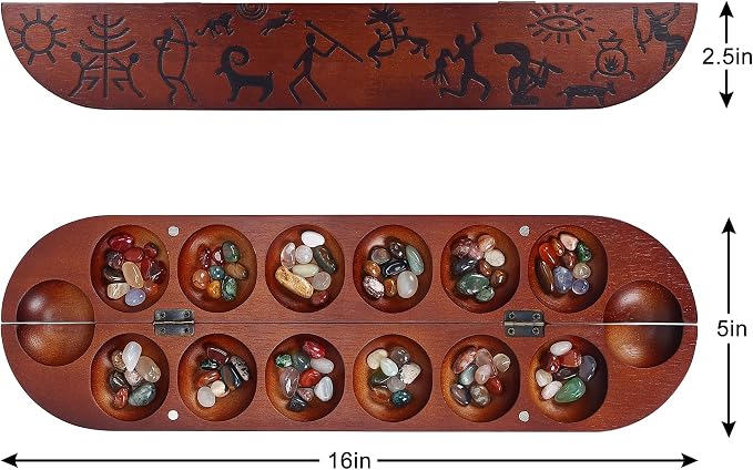 Offelec Wooden Mancala Board Game Set, Large 15.8 Inch Folding Board with 100 Multi Color Stones, 2-Player Classic Family Strategy Game for Kids & Adults, Portable Travel Mancala with Instructions