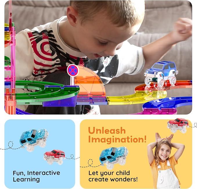 PicassoTiles 100 Piece Magnetic Tiles Race Track Toy Creative Building Set | Ages 3+, premium BPA-free materials, promotes hand eye coordination, sharpens fine motor control, boosts spatial logic skills