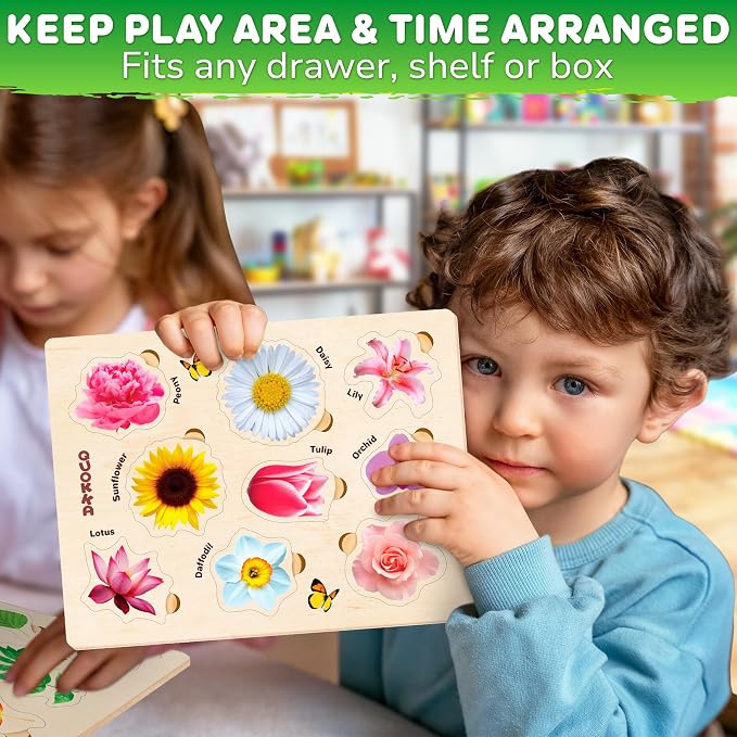 Wooden Puzzles for Toddlers 2-4 - 3 Montessori Kids Puzzles Ages 3-5 | Realistic Wood Educational Baby Puzzles 12-18 Months – Learning Toddlers Puzzles with Mushrooms Flowers Leaves