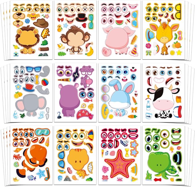 48 Animal Make-a-Face Sticker Sheets for Kids | 12 Designs, Mix 'n Match Crafts, Party Favors & Goodie Bag Stuffers