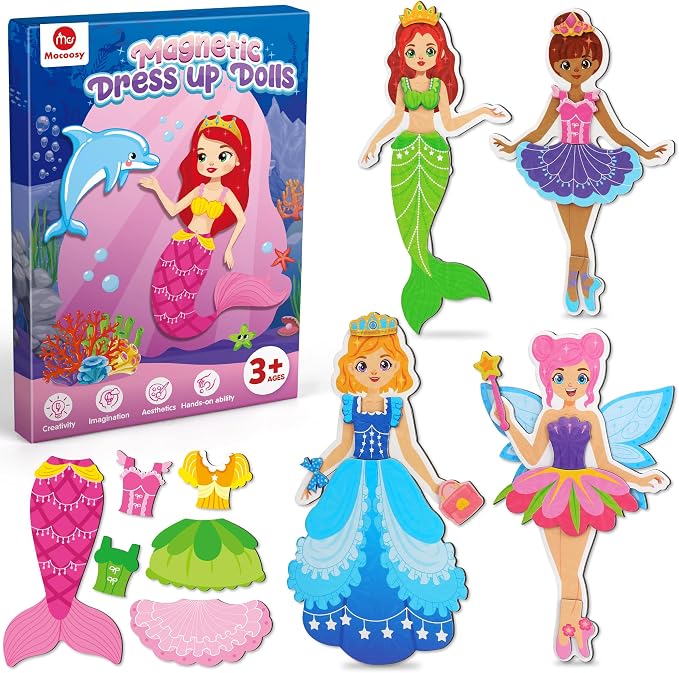Mocoosy Magnetic Dress Up Dolls for Girls, Princess Mermaid Fairy Ballerina Magnet Doll Playset, Travel Game Airplane Car Road Trip Activity Essential Toy Birthday Gift for Toddler Girl Age 3 4 5 6 7
