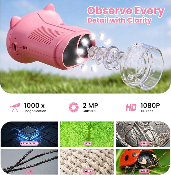Alotwan Kids Microscope Handheld Digital 1000X, Miniscope for Girls Age 3-8
