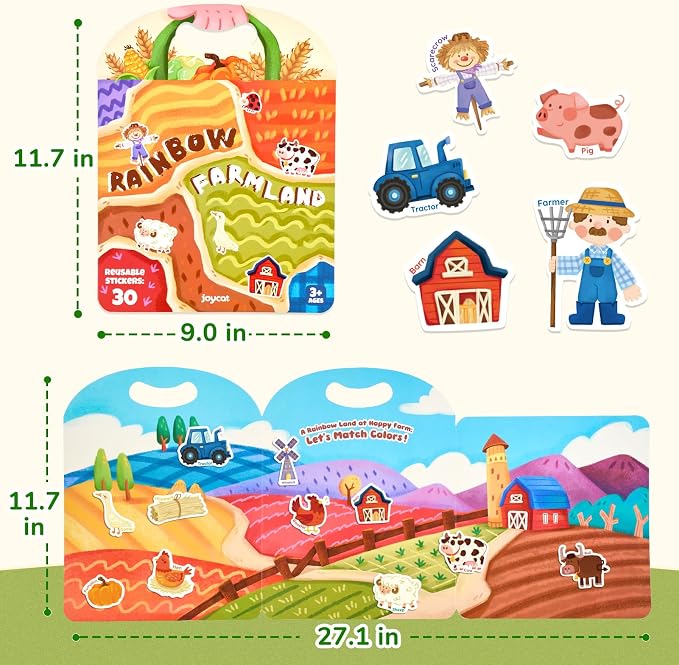 JoyCat Reusable Farm Animal Sticker Book, Travel Toys for Toddlers & Kids | Washable stickers make a kids' activity book for car, airplane and road trips; educational birthday gifts for boys and girls.