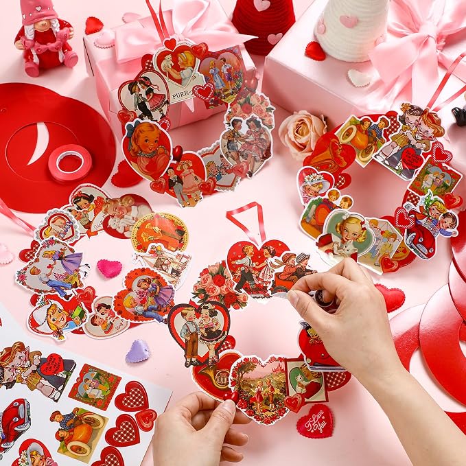 Hollowfly 48 Sets Vintage Valentine DIY Wreath Craft Kit for Kids Classroom