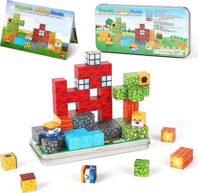 SYSKENI 35PCS Mini Farm Magnetic Blocks Travel Set for Kids Ages 3-5 4-8 | Magnetic Blocks Travel Toys Portable Magnet Cubes STEM Learning Toys with Portable Iron Storage Box Christmas Birthday Gifts