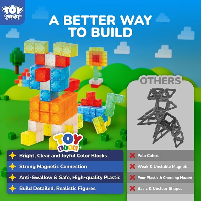 TOY Life Translucent Magnetic Blocks, 36-Piece STEM Set, Ages 3-8 | rainbow-clear cubes, smooth ABS plastic, strong connections, tower and shape play