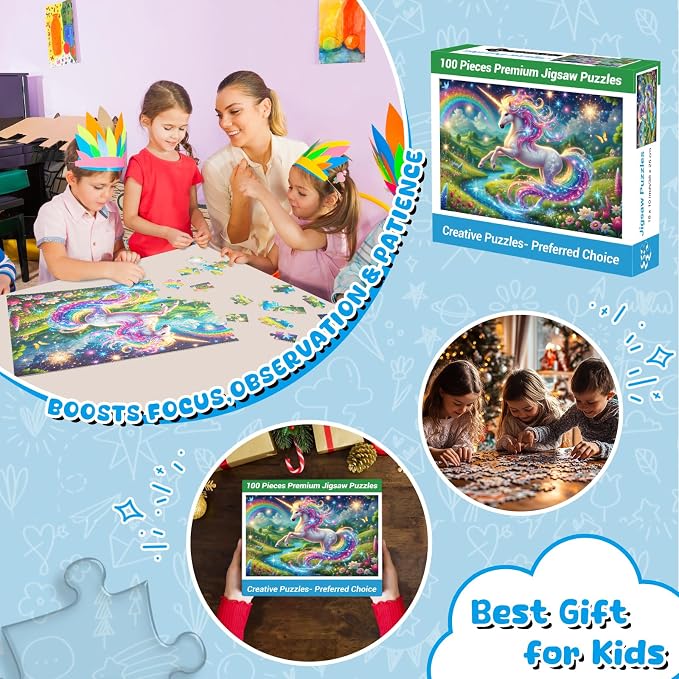 100 Piece Puzzles for Kids Girls Boys Ages 4-10, Rainbow Unicorn Puzzles | Learning Educational Jigsaw Puzzles Toys with Full-size Poster, Holiday/ Birthday/Party/School Gifts for Children