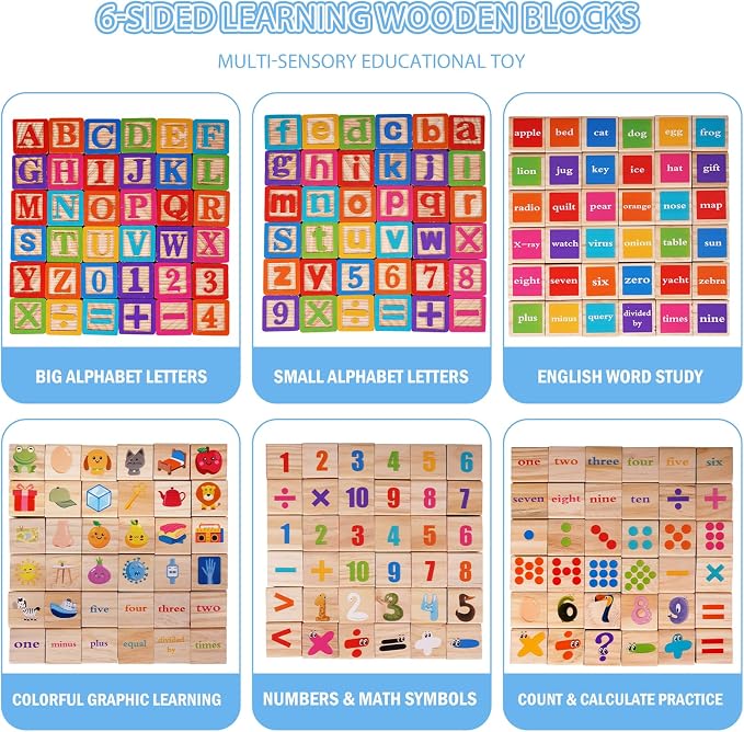 ABC Wooden Building Blocks for Toddlers, Montessori Alphabet & Number Learning Toy for Kid, 36 PCS Preschool Stacking Blocks with Matching Cards for Spelling, Counting, Sorting, Fine Motor Skills