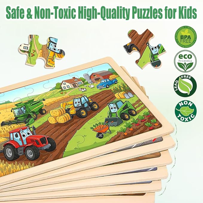 Puzzles for Kids Ages 3-5, Wooden Jigsaw Puzzles 24 Pieces 6 Pack | Vehicle Transportation Puzzle Set, Educational Learning Toys, Christmas Birthday Gifts for Boys Girls