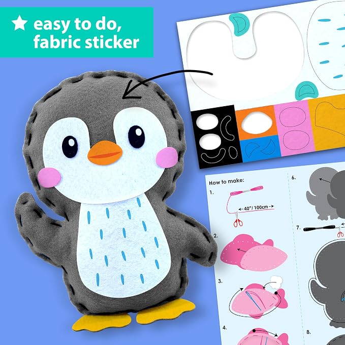 KRAFUN Beginner Sewing Kit, Sew Penguin & Fish, Pre-Cut Felt, Kids Ages 5+ | Beginner Sewing Kit: Sew 2 Plushies, Penguin & Fish. Pre-Cut, Pre-Punched Felt, No Scissors. Safe Plastic Needle for Kids