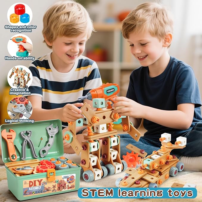 VEAIS Kids Tool Set with Drill,148Pcs Tool Set with Toolbox,STEM Montessori Toys for 3 4 5 Year Old,Pretend Play Kid Toy,Educational Construction Toy for 3-5 Year Old Boy Girl,Birthday Gift for Kids