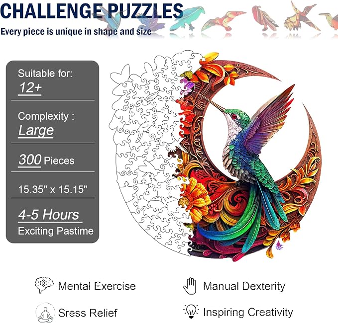 Unique Wooden Puzzles for Adults, Hummingbird Puzzle 300 Pieces 15.35" x 15.15", Animal Shaped Wood Puzzles Adult, Wooden Jigsaw Puzzles for Adults, Family Games for Kids and Adults