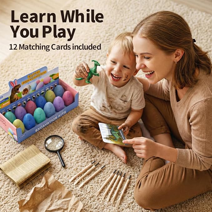 12 Pack Colorful Dinosaur Eggs, Excavation Kit with Learning Cards | STEM Science Toy for Kids, Easter Basket Stuffers, Party Favors, Birthday Gifts Classroom Activities for Boys Girls Age 3+