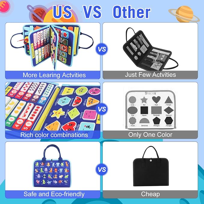 URBAN TOYS Toddler Busy Board for Kids Ages 3+, Montessori Busy Book, Sensory Learning Toy for Fine Motor Skills, Toddler Travel Essential for Airplane & Car, Gift for Boys & Girls
