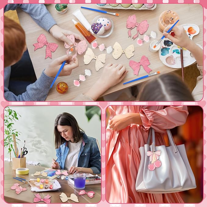 Saypacck 24 Pcs Pink Bow Party Favors Wooden Paint Craft Kits | Bow Themed Craft Activity, Girly Bow Designs for Birthday Parties, Bulk Favors for Goodie Bags,