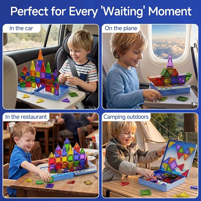 WMXDU Mini Magnetic Building Set: Keep Boys Quiet 60 Mins on Road Trips | 300+ Combos, 90+ Min Crash-Tested Fun for Active Boys. Magnets Lift 7 Tiles, No Fall. Tin Box Shape Guide, Quick Clean