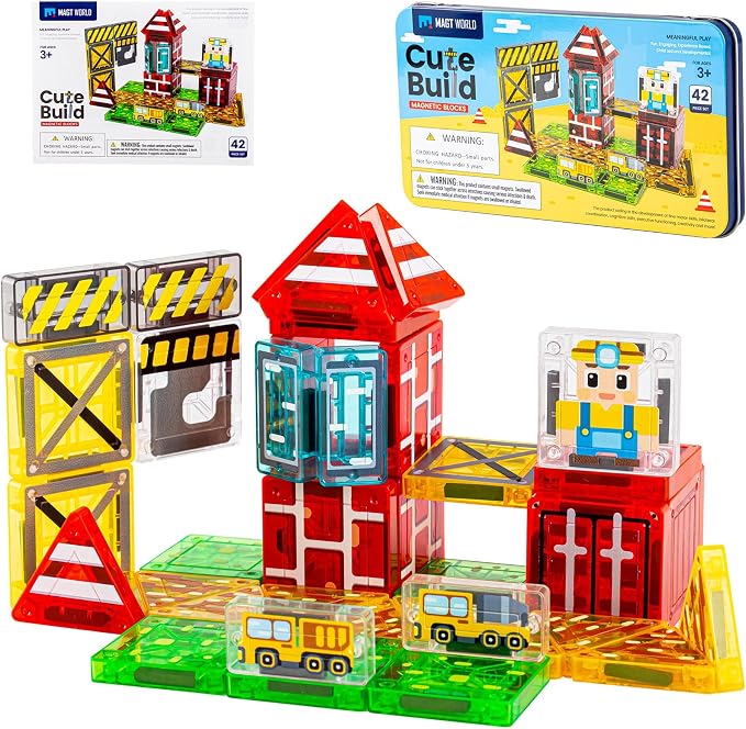 42PCS Mini Magnetic Tiles Toddler Travel Toys for Boys 3-5 Year Old Gifts | Construction Theme, Portable Metal Case, Kids Travel Essentials for Airplane, Car & Road Trip, STEM Preschool Learning Toys