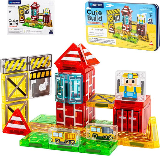 42PCS Mini Magnetic Tiles Toddler Travel Toys for Boys 3-5 Year Old Gifts | Construction Theme, Portable Metal Case, Kids Travel Essentials for Airplane, Car & Road Trip, STEM Preschool Learning Toys