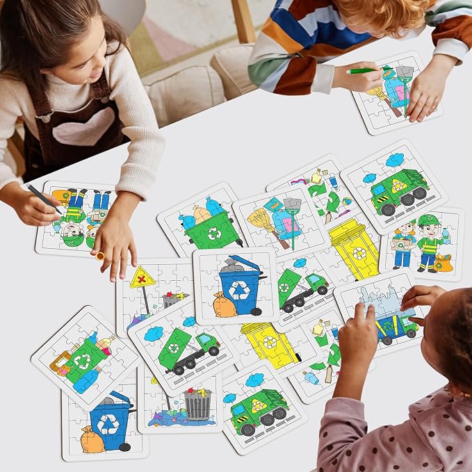 Cinrobiye 24PCS Garbage Truck Coloring Jigsaw Craft Kit for Kids, DIY Recycling Vehicle Activity Set Bulk with 12 Designs, Trash Day Birthday Party Favors, Classroom Learning Projects
