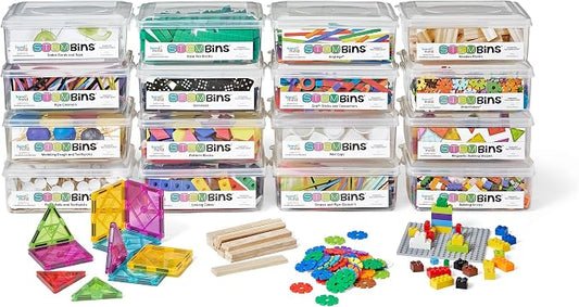 hand2mind STEM Bins Comprehensive Set by Brooke Brown, STEM Bins for Classroom, STEM Manipulatives for Elementary, STEM Activities, Kids Engineering Building Kits, Science Teacher Supplies (Set of 16)