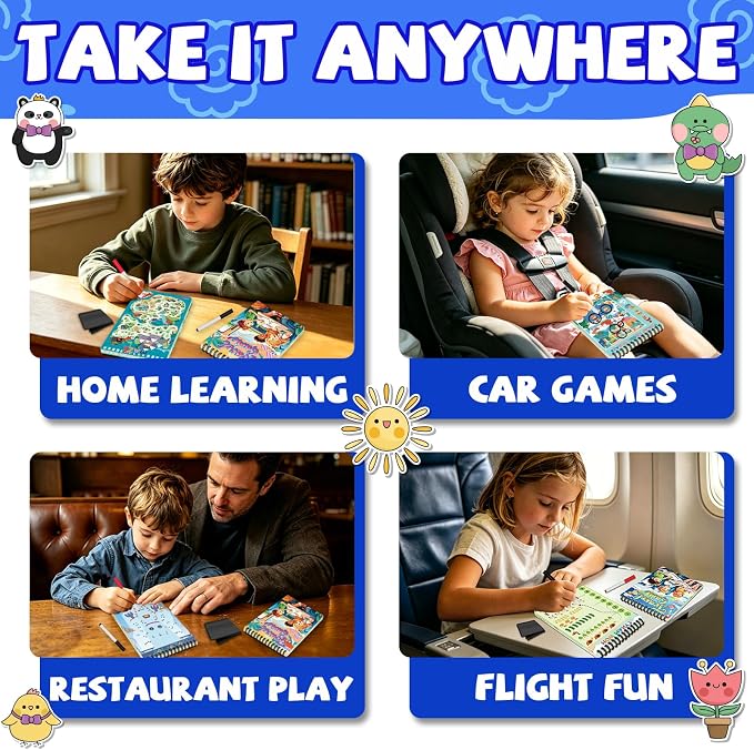 Elfew 2 Pack Reusable Wipe Clean Travel Game Activity Books for Kids 8-12 | 11 in 1 Types of Games, Reusable, PET Lamination, Spiral Binding, Portable, Designed for Travel, Tear Resistant,