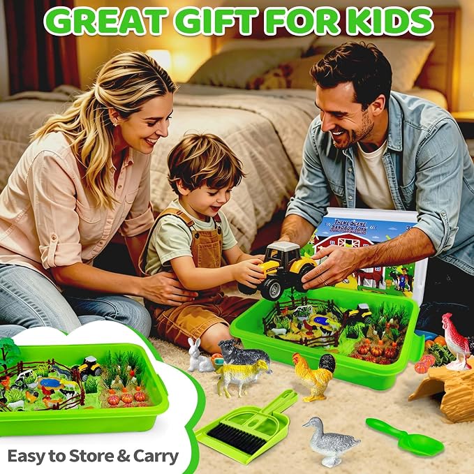 Sensory Bin, Sandbox Toys Play Sand Art Kit for Kids Toddlers 3 4 5 6 7 8 | Farm Sensory Toys with Sandbox & Farm Animals & Tractor Playset, Indoor Outdoor Beach Toys for Kids Christmas Birthday Gifts