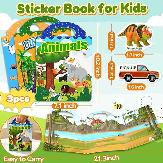 3PC Reusable Sticker Book for Toddler 3-5 Year Old, Travel Activity for Kid | Jelly Reuseable Stickers Roadtrip Airplane Car Ride Toys Preschool Classroom Activities for 3 4 5 6 Years Old Girls Boys Gift