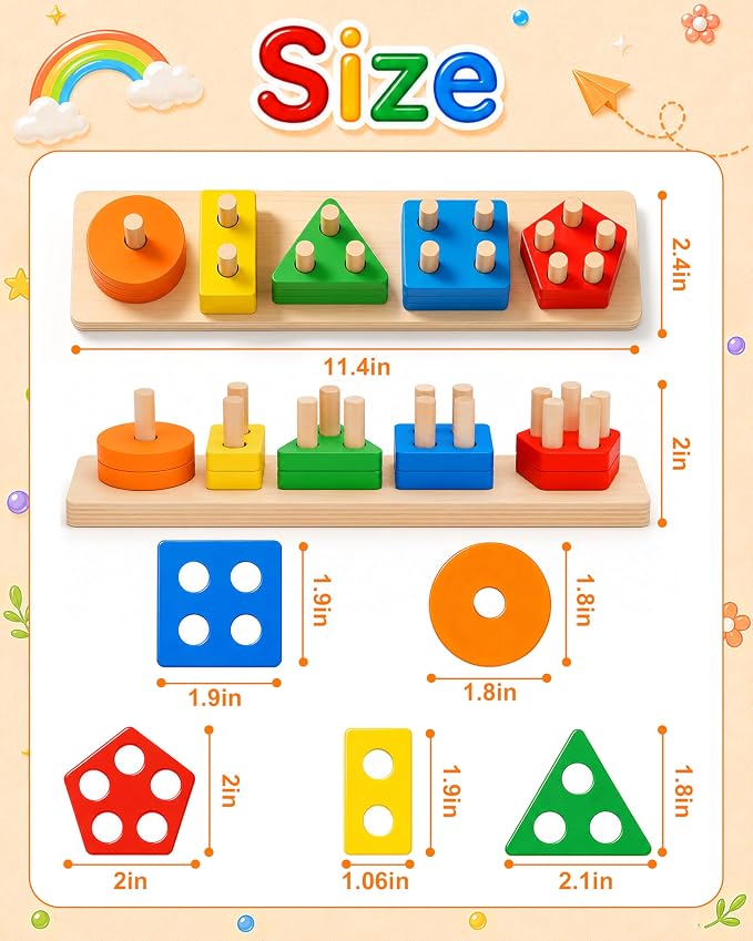 Montessori Toys for 1 2 3 Year Old Boys Girls Toddlers, Wooden Toys Gifts | Sorting Stacking Toys for Toddlers Kids Preschool, Educational Color Recognition Shape Sorter, Learning Puzzles Birthday Gift