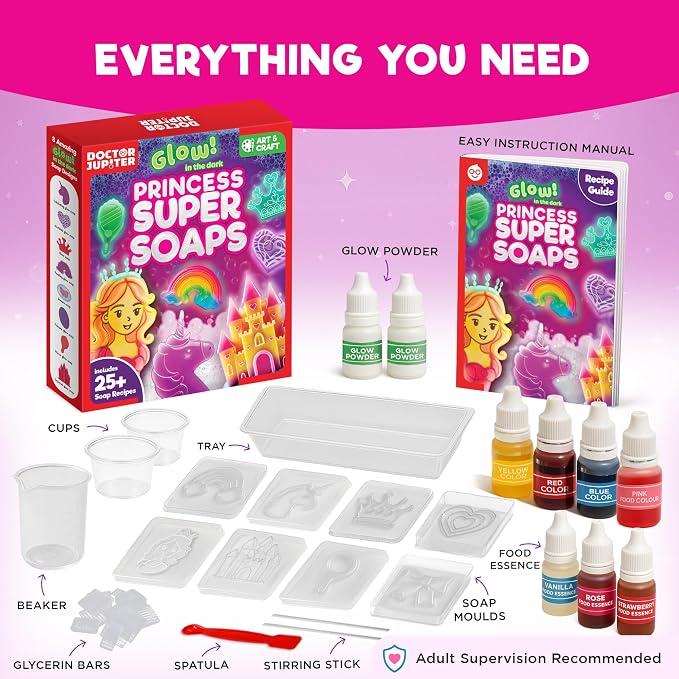 Doctor Jupiter Glow in The Dark - Princess Soap Making Kit for Kids Ages 6+ | Princess Toys, Birthday Gift Ideas for Girls 6,7,8,9,10 Year Olds, Science Kits for Kids Ages 5-7-8-12, STEM Toys, DIY Craft