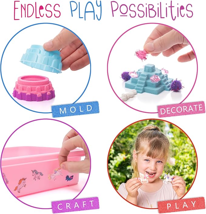 Kipipol Unicorn Sensory Bin for Toddlers 3-4, 5-7 Magic Sand Art Kit w Sandbox, 2.4 LB of Sensory Sand, 10 Sand Toys, 4 Unicorn Toys for Girls Age 4-6, 6-8 Christmas & Birthday Gifts for Girls